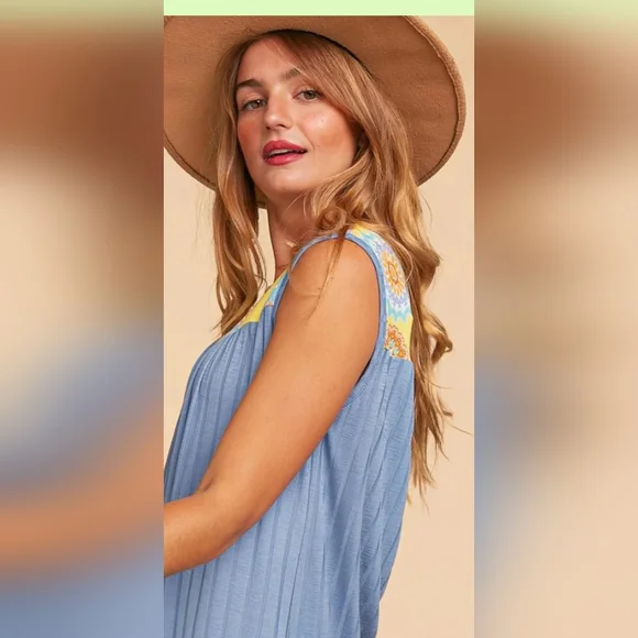 Plus Yellow & Denim Medallion Color Block Wide Rib Tank Top - Picture 8 of 8